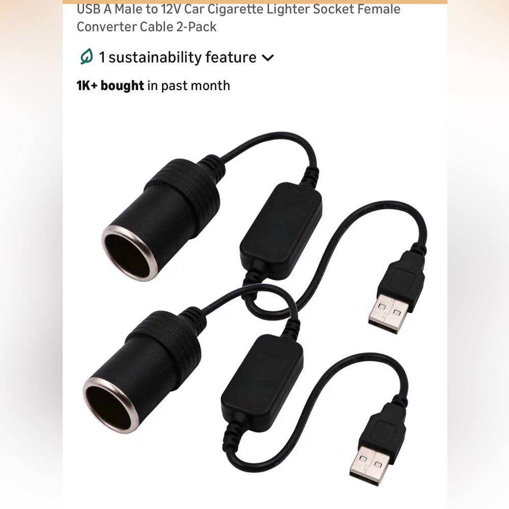 2pack USB to 12V Car Cigarette Socket Converter Cable Adapter